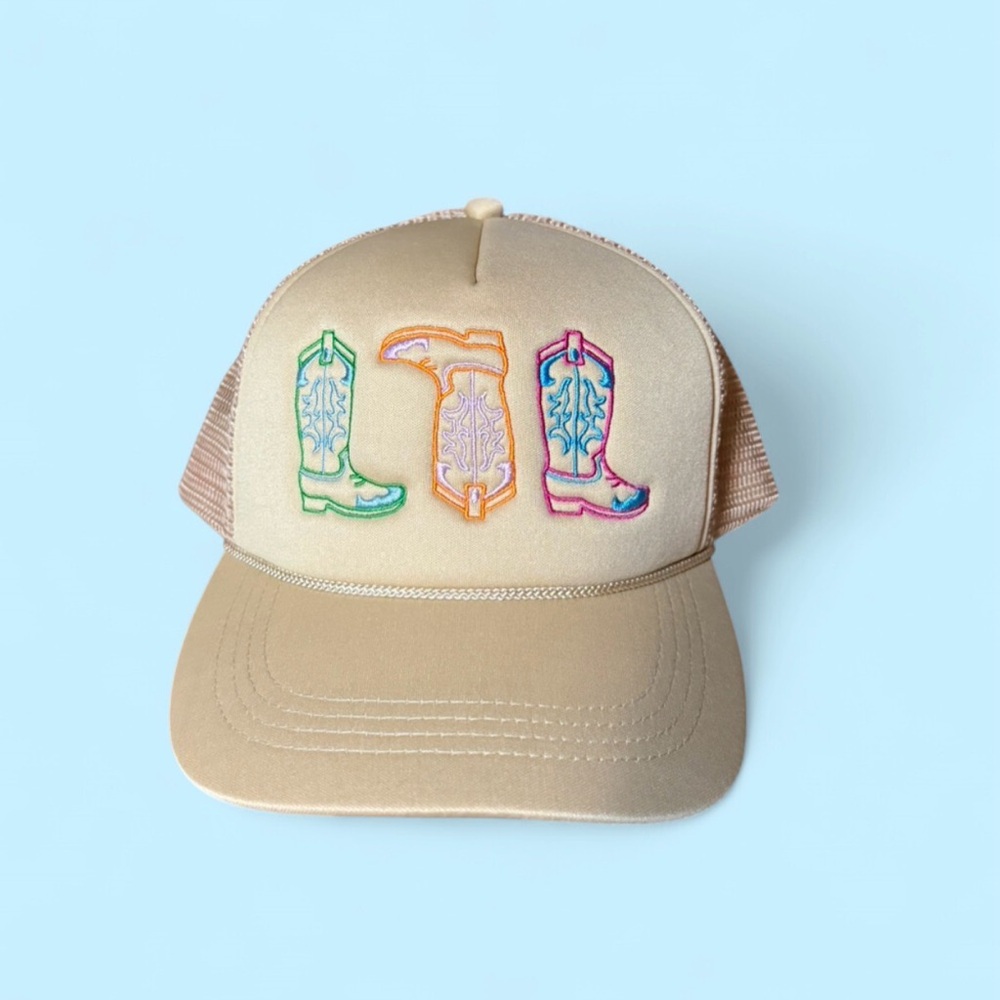Beige Trucker Hat with Colorful Boot Embroidery 🤠💜
